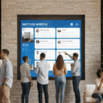 Modern multifamily apartment lobby with residents engaging and digital tools enhancing tenant experience in multifamily living