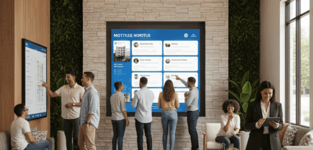 Modern multifamily apartment lobby with residents engaging and digital tools enhancing tenant experience in multifamily living