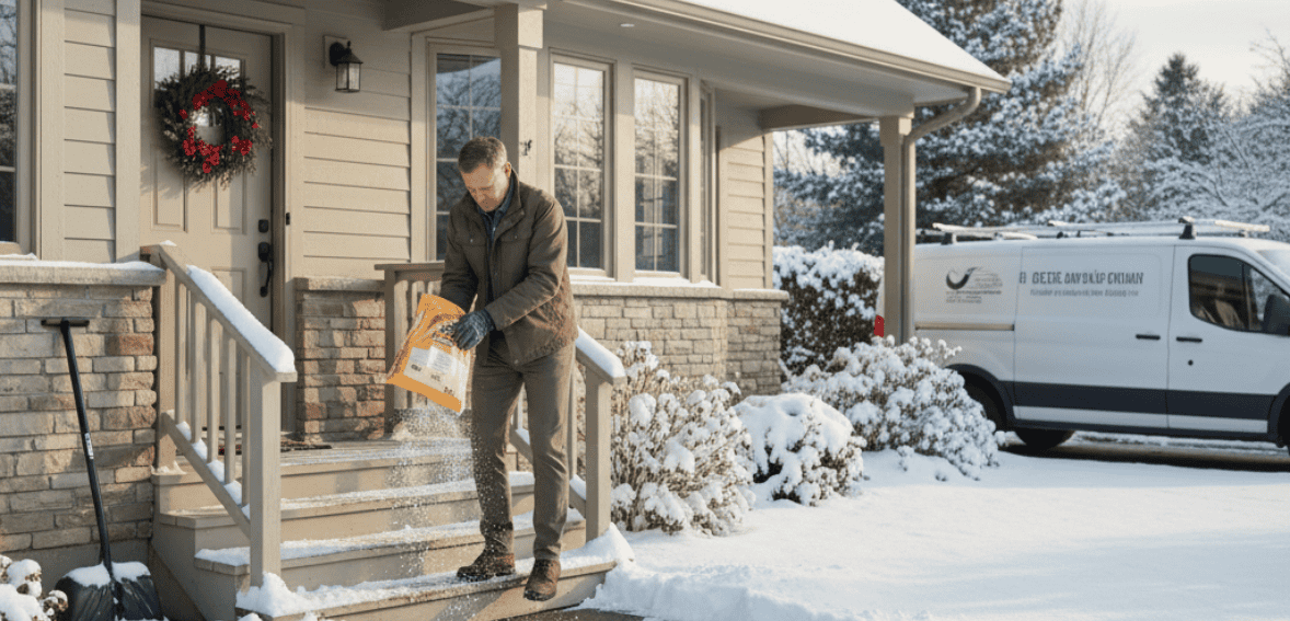 Winter safety tasks being completed as part of a rental property maintenance checklist