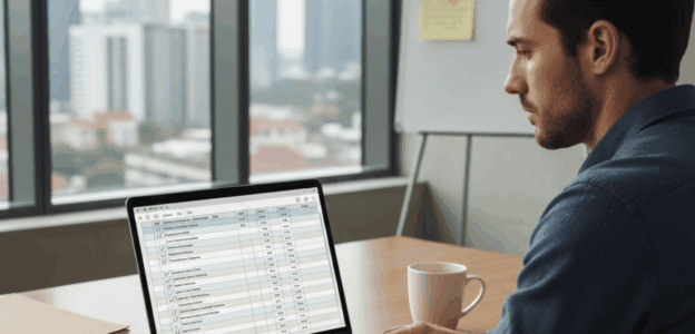 Landlord reviewing rental property compliance documents and digital checklists on a laptop