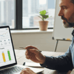 Landlord reviewing property management KPIs on a digital dashboard for rental performance analysis