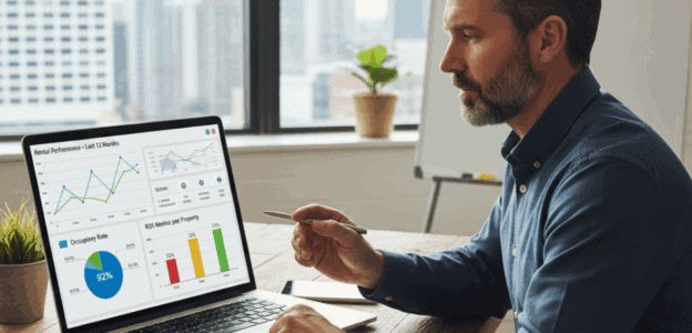 Landlord reviewing property management KPIs on a digital dashboard for rental performance analysis