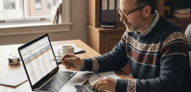 Landlord reviewing rental property maintenance budget and repair expenses on a laptop