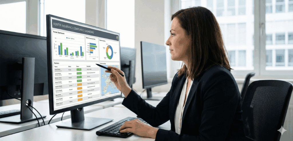 Dashboard showing renters insurance verification software tracking tenant compliance and policy status