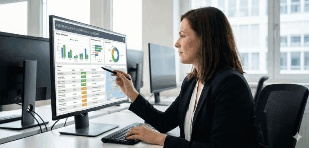 Dashboard showing renters insurance verification software tracking tenant compliance and policy status