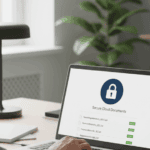 Landlord reviewing encrypted digital files as part of property management data security practices