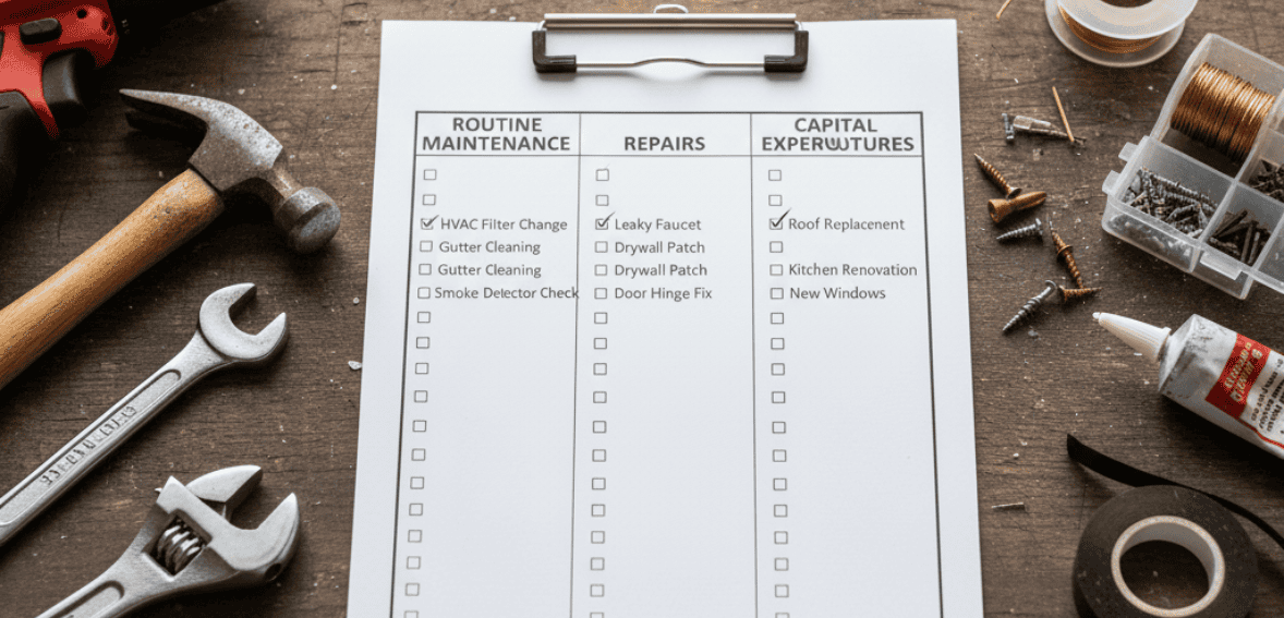 Checklist showing types of maintenance costs for creating a rental property maintenance budget
