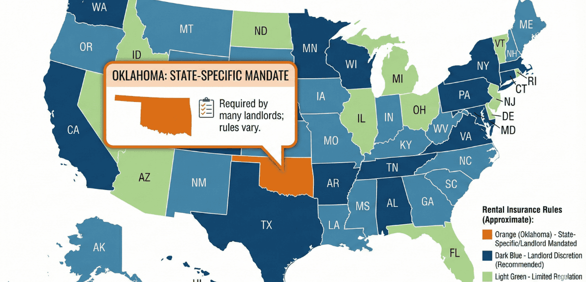 Map illustrating renters' insurance requirements by state including Oklahoma restrictions