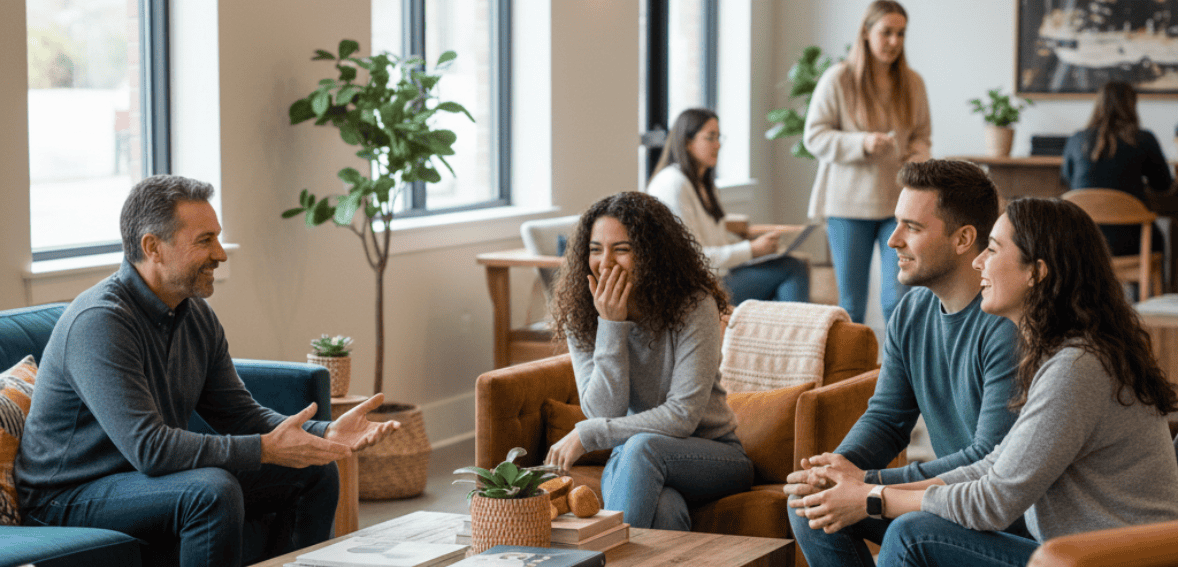 Residents connecting in a shared lounge area to improve tenant experience in multifamily living