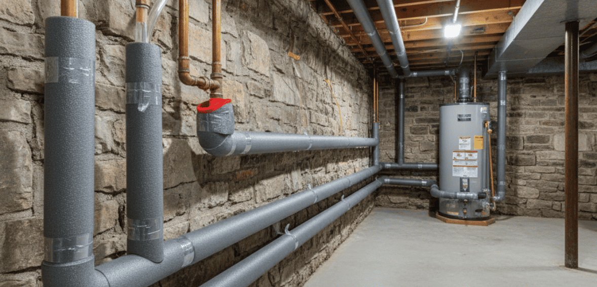 Insulated plumbing pipes to prevent winter damage in a rental property maintenance checklist