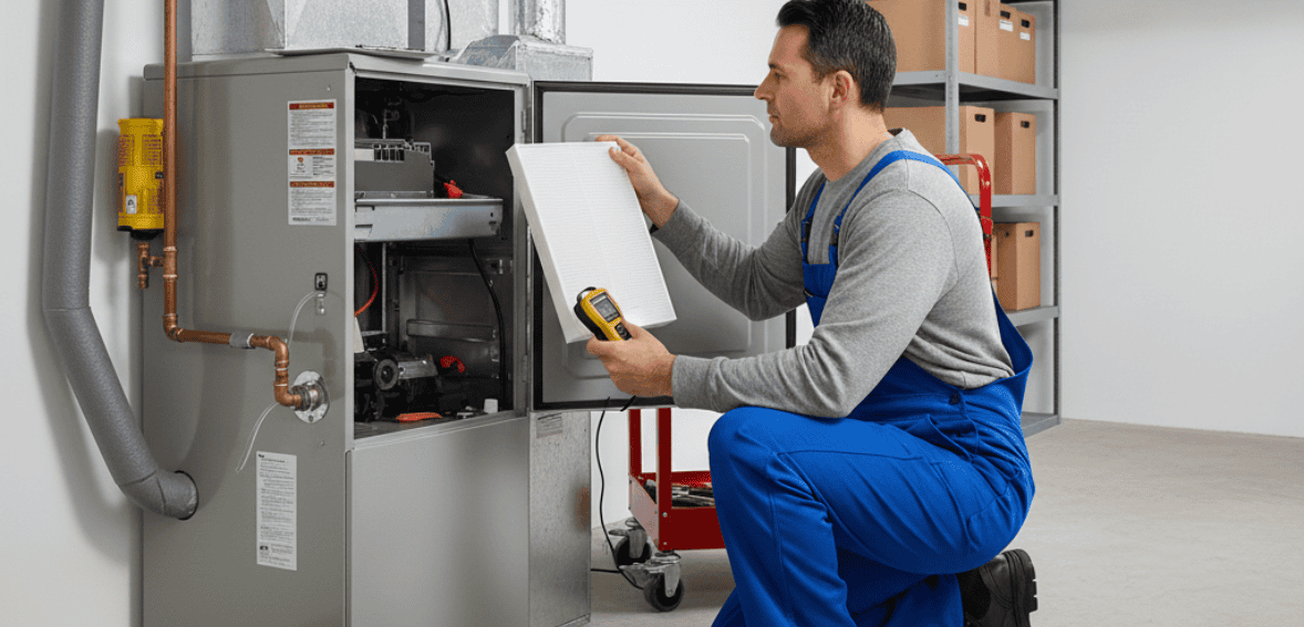 Technician servicing a furnace as part of a winter rental property maintenance checklist