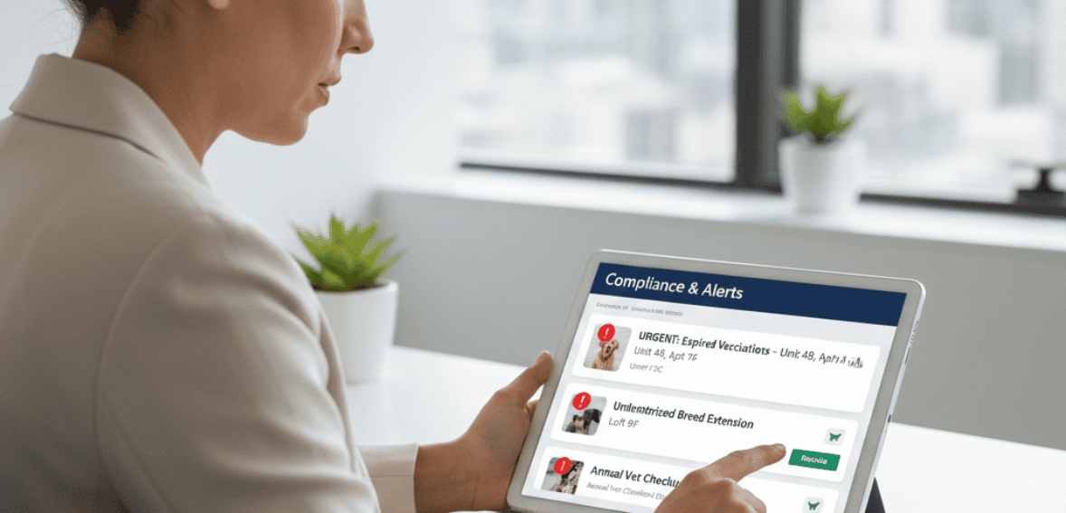 Compliance tracking alerts shown in pet deposit management software for property managers