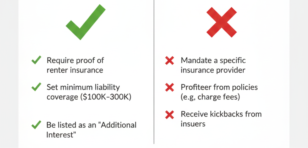 Compliance rules for renters' insurance showing permitted landlord actions without licensing