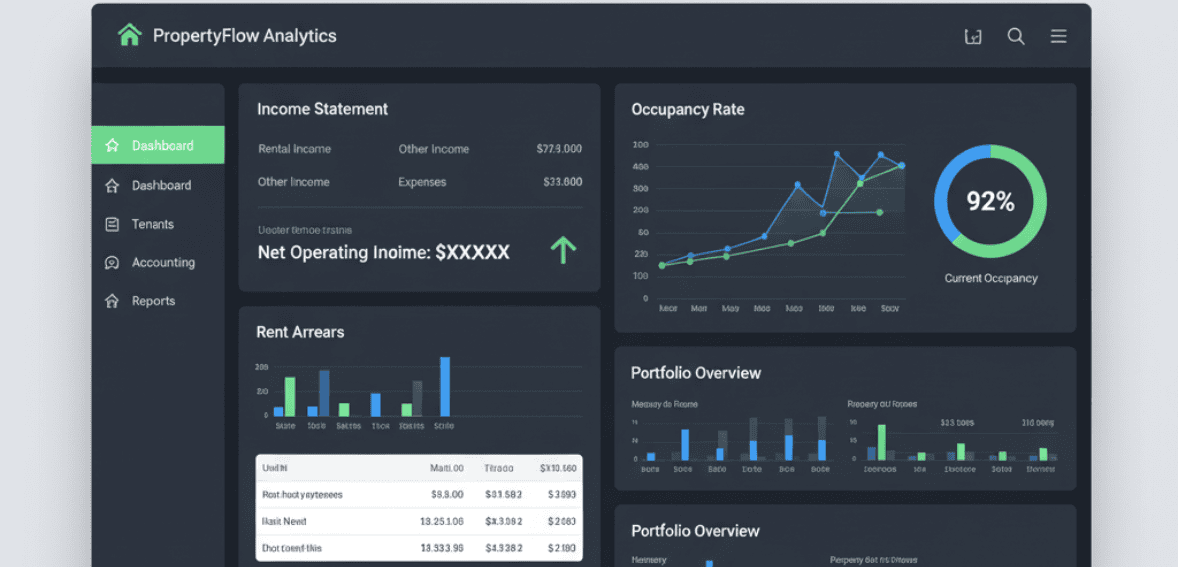 Property management software dashboard displaying automated tracking of property management KPIs