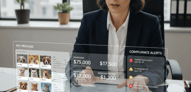 Dashboard showing pet deposit management software tracking pet fees, deposits, and compliance”