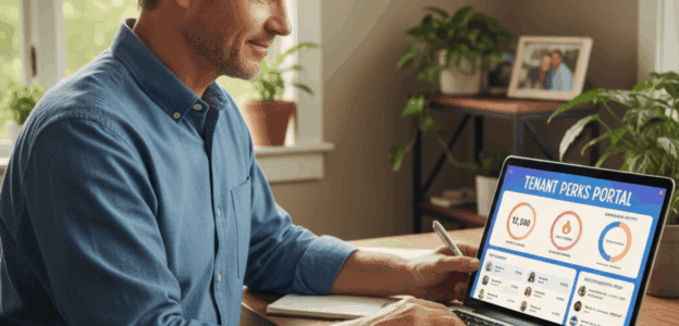 Landlord reviewing tenant engagement incentives dashboard with reward points and on-time rent streaks