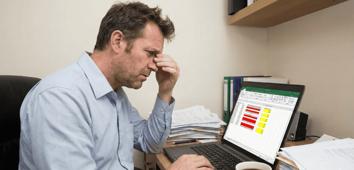 Property management software vs spreadsheets challenge visual showing errors and confusion.