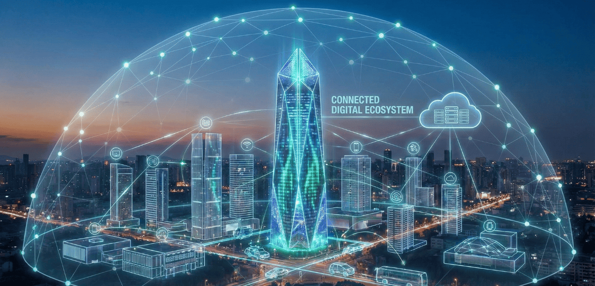 Future of property management technology and cloud software transformation concept.