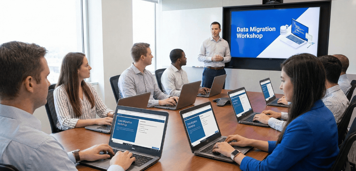 Property managers transitioning from spreadsheets to cloud software user training illustration.