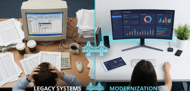 Property management software vs spreadsheets visual comparison showing transition to cloud tools.