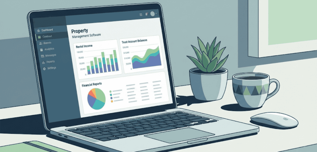 “Property management accounting dashboard showing trust accounts and financial reports”