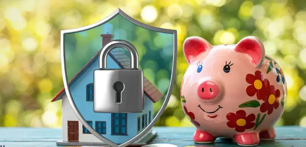 A conceptual image representing security deposit protection, featuring a miniature house protected by a blue shield with a silver padlock, placed next to a pink floral piggy bank on a wooden surface with a soft, sunlit garden background.